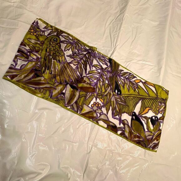 Vtg 80s Anne Klein for Vera Neumann Silk Tropical Birds Rectangular neck Scarf - Picture 4 of 10